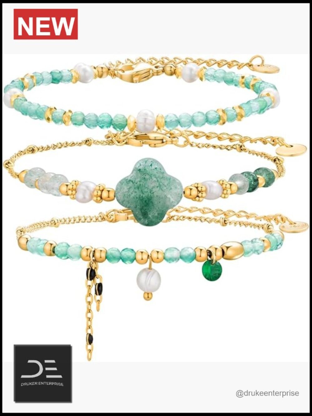 Stackable Natural Stone Crystal Bracelets Set 3PCS 14k Gold Plated Boho